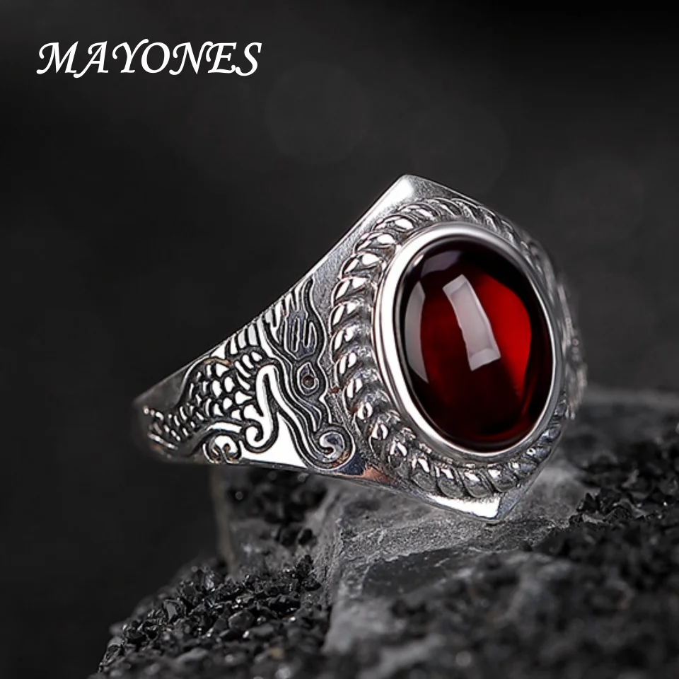 

Authentic S925 sterling silver ring 2024 new oval blood dragon ring men's retro birthday gift jewelry