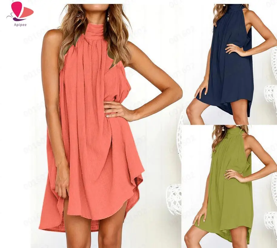 

Women Dresses Women's Sleeveless Halter Neck Irregular Mini Short Dress Casual Holiday Boho Beach Party Dress