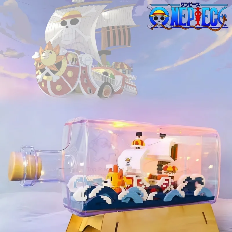 One Piece Ship Drift Bottle Mille Sunny Ship Going Merry Boat Floating Mini Building Blocks Pirate Ship Micro Bricks Toy Gift