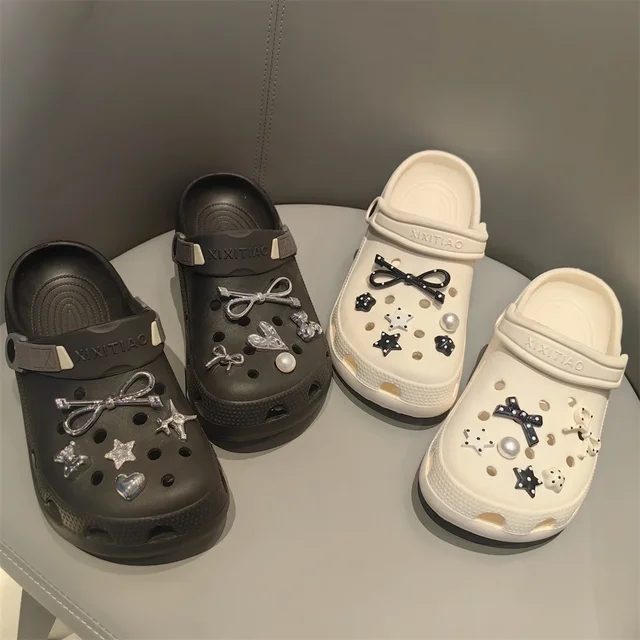 New 1Set DIY Bow Star Pearl Shoe Decorations Black White Dot Shoe