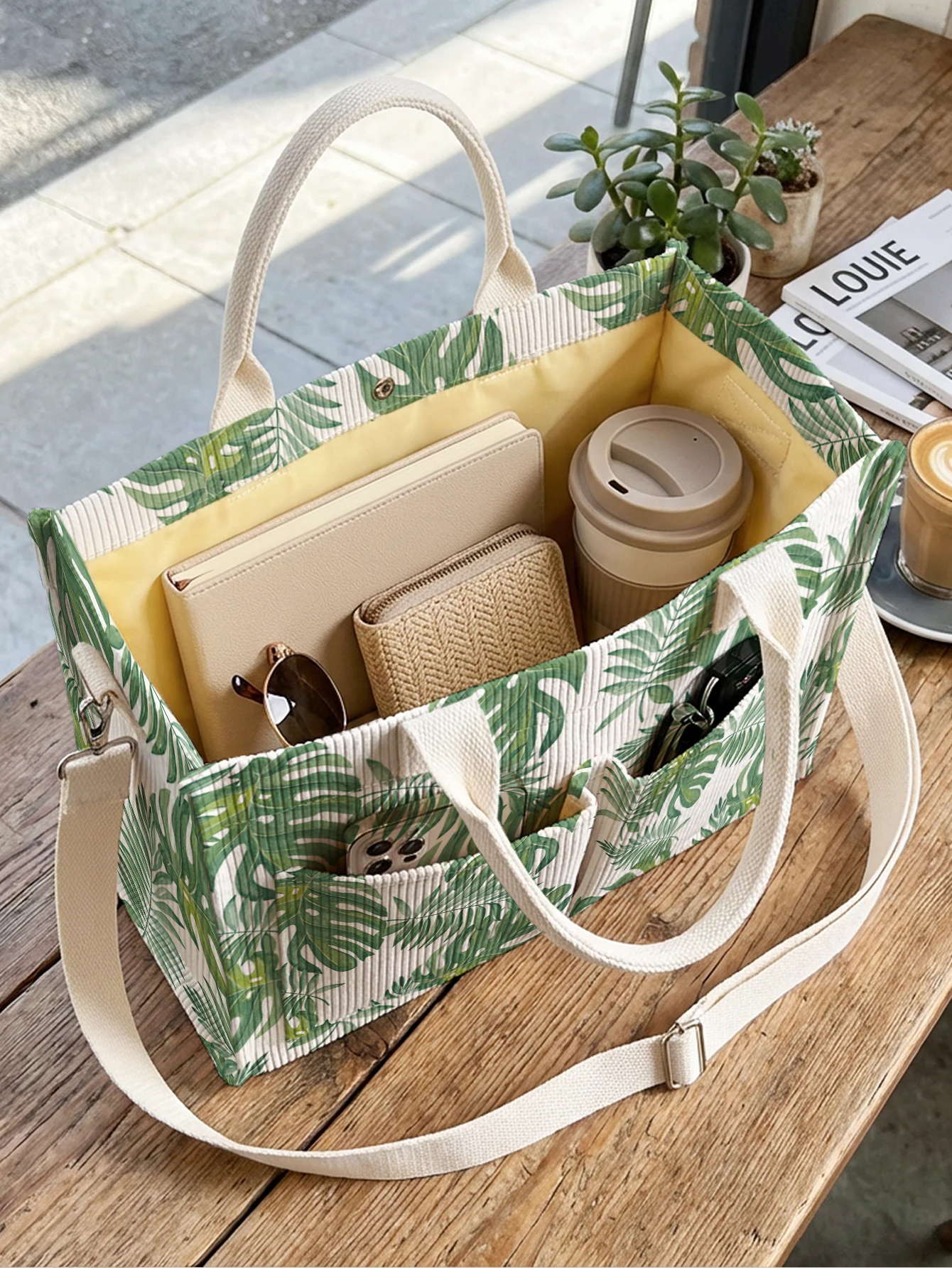 Monstera Corduroy Tote Bag with Pockets 4