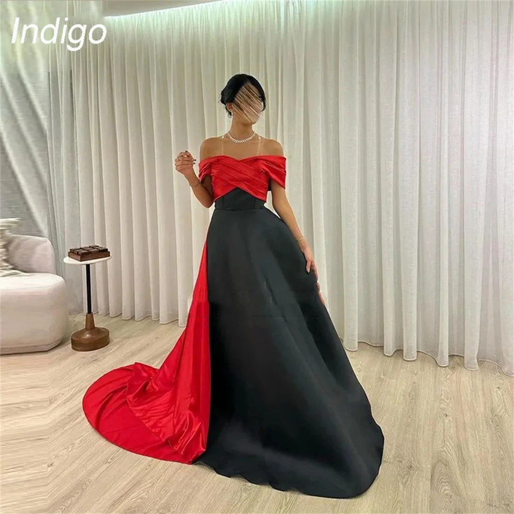 

Indigo Prom Dress A-Line Off The Shoulder Open Back Satin Strapless Sweep Train Pleat Elegant Evening Gowns For Women فساتين الس