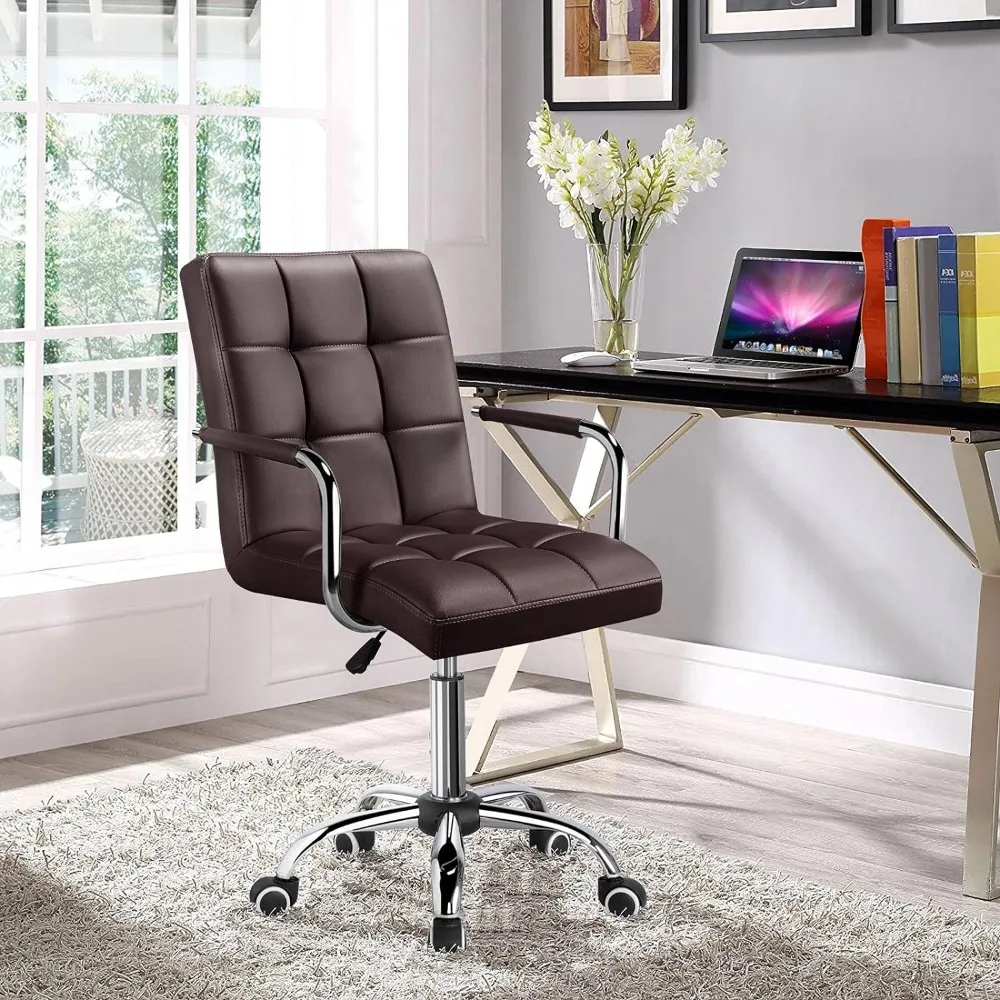 Yaheetech White Desk Chairs with Wheels/Armrests Modern PU Leather Office Chair Midback Adjustable