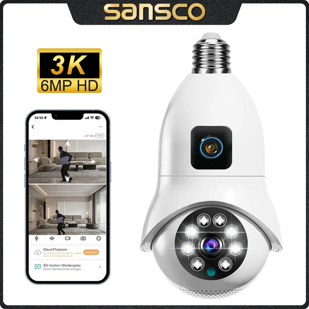 Sansco 6Mp 3K Dual Lens E27 Bulb Wifi Camera Dual Screen Motion Detection Indoor 2K Ptz Security Surveillance Ip Camera V380 Pro