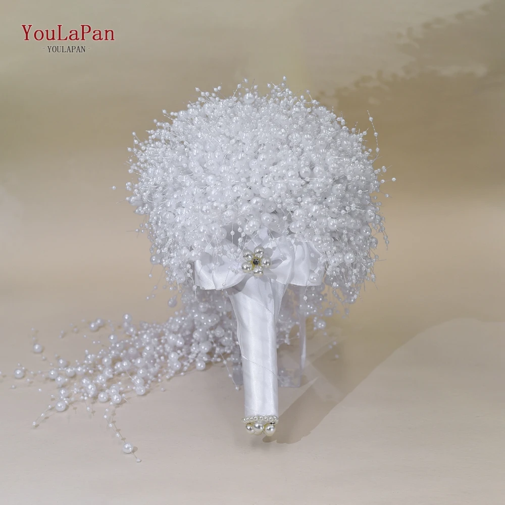 TOPQUEEN White Pearl Wedding Bouquet for Bridal Ivory Beaded Flower Bride Accessories Bow Tie Holding Flowers HF24