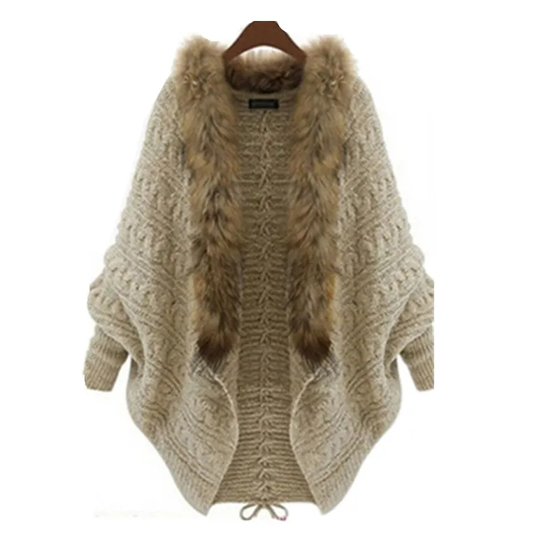 

New Winter Fashion Knitted Cardigan Women Bat Cape Shawl Collar Fashion Female Faux Fur Coats Overcoat Outwear