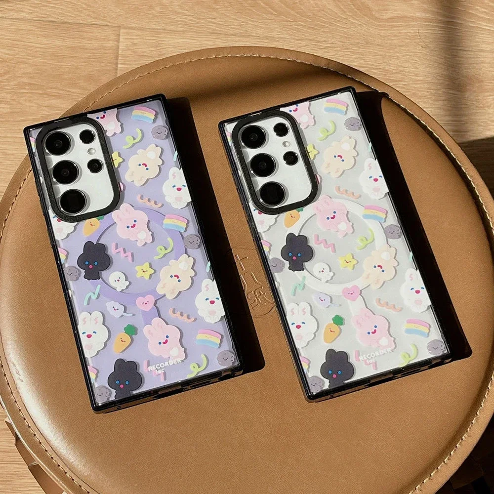 Cute Rabbit MagSafe Acrylic Black Border Magnetic Phone Case for Samsung Galaxy S22U S23 Ultra S24 Ultra Cover Protective Shell