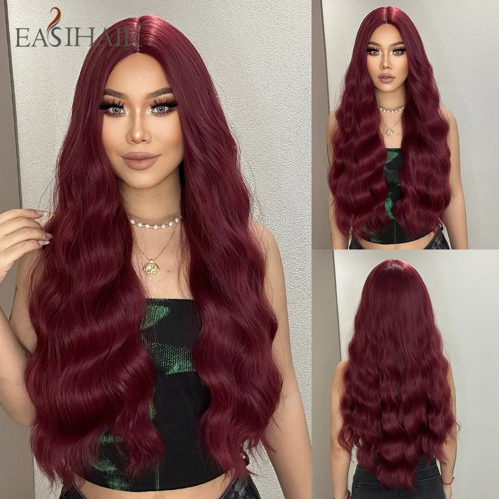 

EASIHAIR Wine Red Burgundy Synthetic Wigs Red Brown Long Curly Wave Middle Part Cosplay Daily Hair Wigs for Women Heat Resistant
