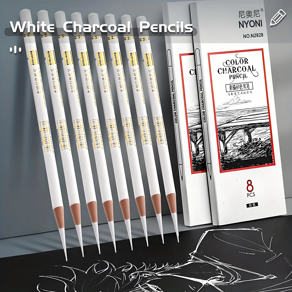 NYONI Professional Black White Brown Deep Brown Charcoal Pencils Drawing Set Sketch Soft Carbon Pens For Highlight 8pcs