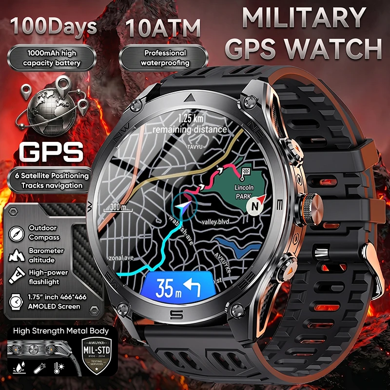 2026 Built-in GPS Offline Map Position Smart Watch 1000mAh Battery 5ATM Waterproof 1.75"AMOLED Compass 170+Sports Smartwatch men 1