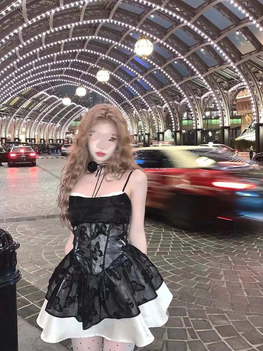 Y2K Spaghetti Strap Lace Patchwork Ruffles A-line Short Dresses for Women Summer Party Dress Korean Fashion One Piece Vestido