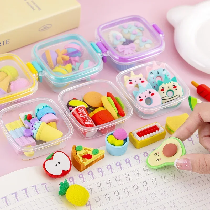 Random 1pc Lunch Box Eraser Set Lovely Eraser Soft Pencil School Students Stationery Supplies Exquisite Prize Gifts