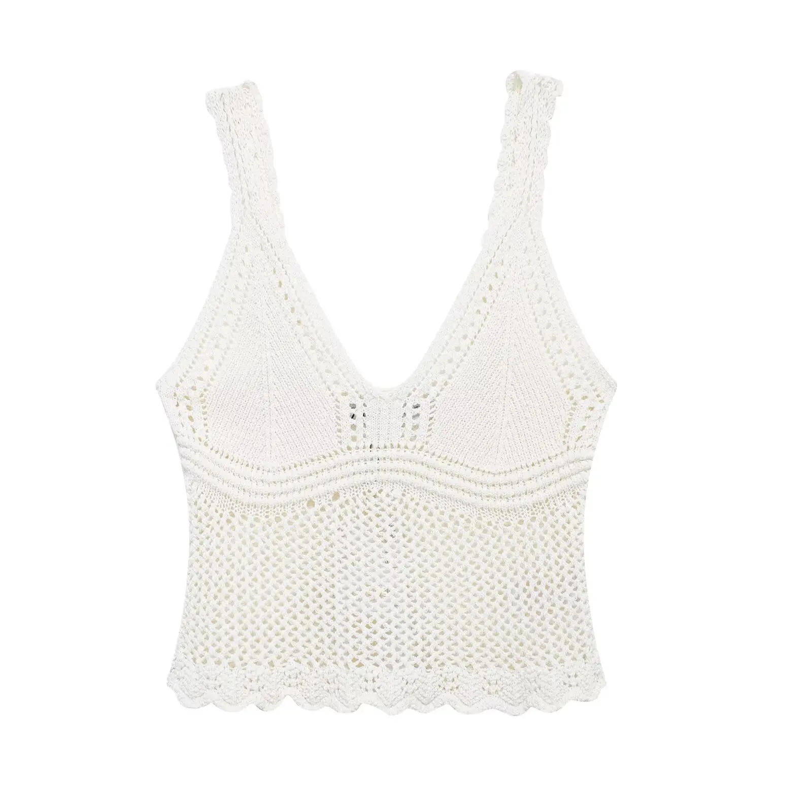 thumbnail image 1 of HH TRAF Suéter elegante de verano para mujer, estilo romántico, hombros descubiertos, espalda descubierta, decoración con agujeros, escote en V, top corto de punto para mujer, 1 of 4