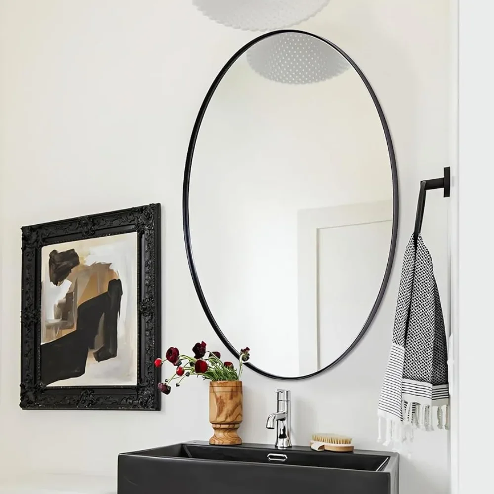 

Black Oval Mirror, 22x30 feet,Stainless Steel Metal Frame Pill Mirror Wall Mount Horizontal or Vertical