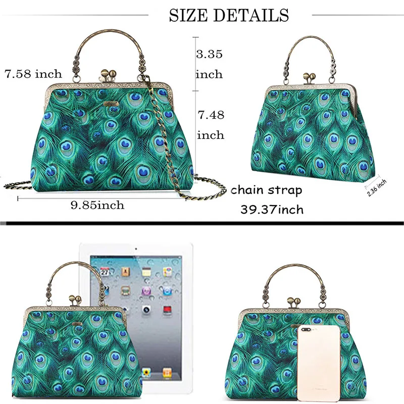 Vintage  Handbag Women Canvas Kisslock Shoulder Bag Chain Strap Retro 50s Purse Evening Party Peacock Elegant Embroidered Walle