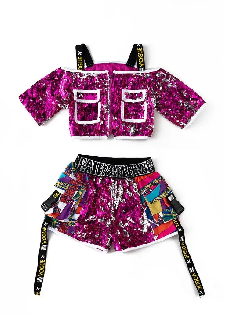 Hip Hop Girls Shiny Silver Crop Top Street Dance Sequin Shorts Clothes Sets Kids K-pop Stage Costume Child Girl Group Streetwear