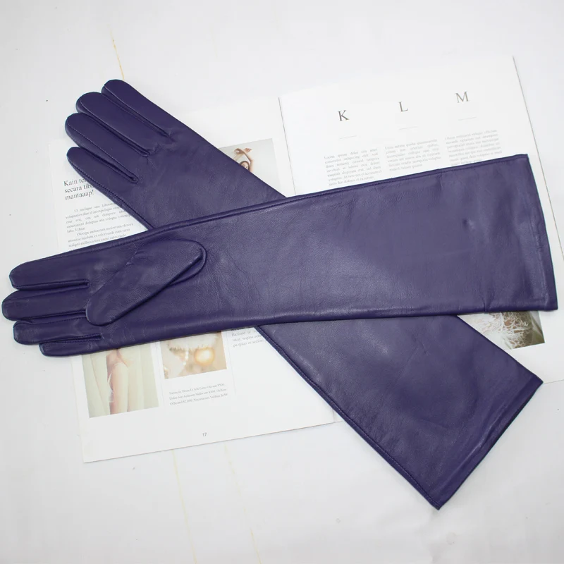 New women's long sheepskin gloves Classic solid color at elbow Versatile windproof warm fleece driving leather gloves