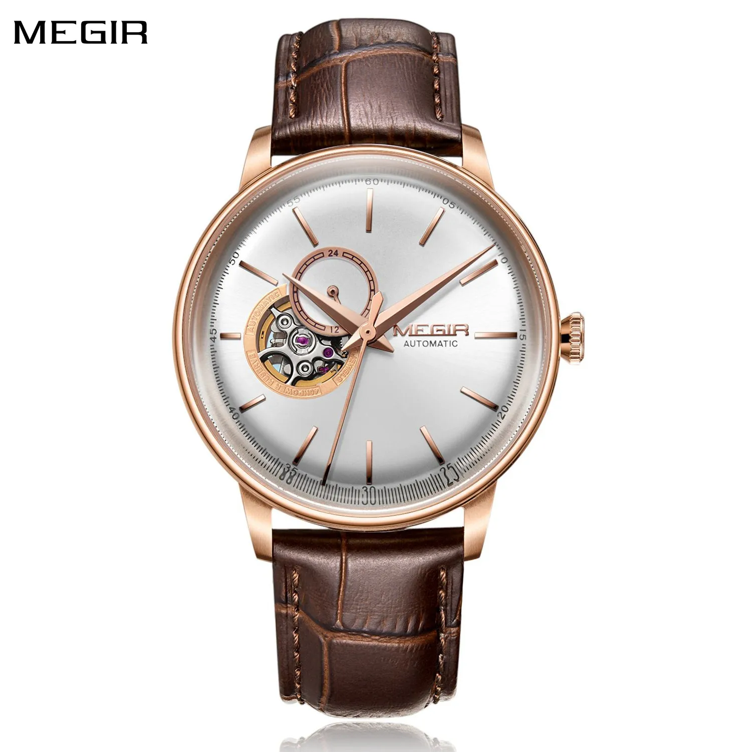 

MEGIR Automatic Men's Watch Mechanical Movement Leather Strap Luxury Business Watches 5ATM Waterproof Big Dial Clock Wristwatch