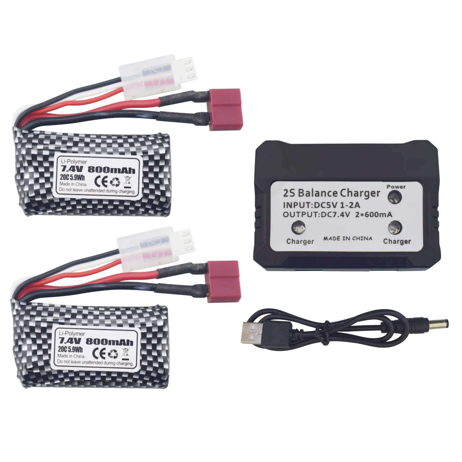 

2PCS 7.4V 800mAh T-Plug Lithium Battery + 2-In-1 Charger For YC100 HM161 HM162 HM166 HM201 9145 RC 4WD High-Speed Off-Road Car