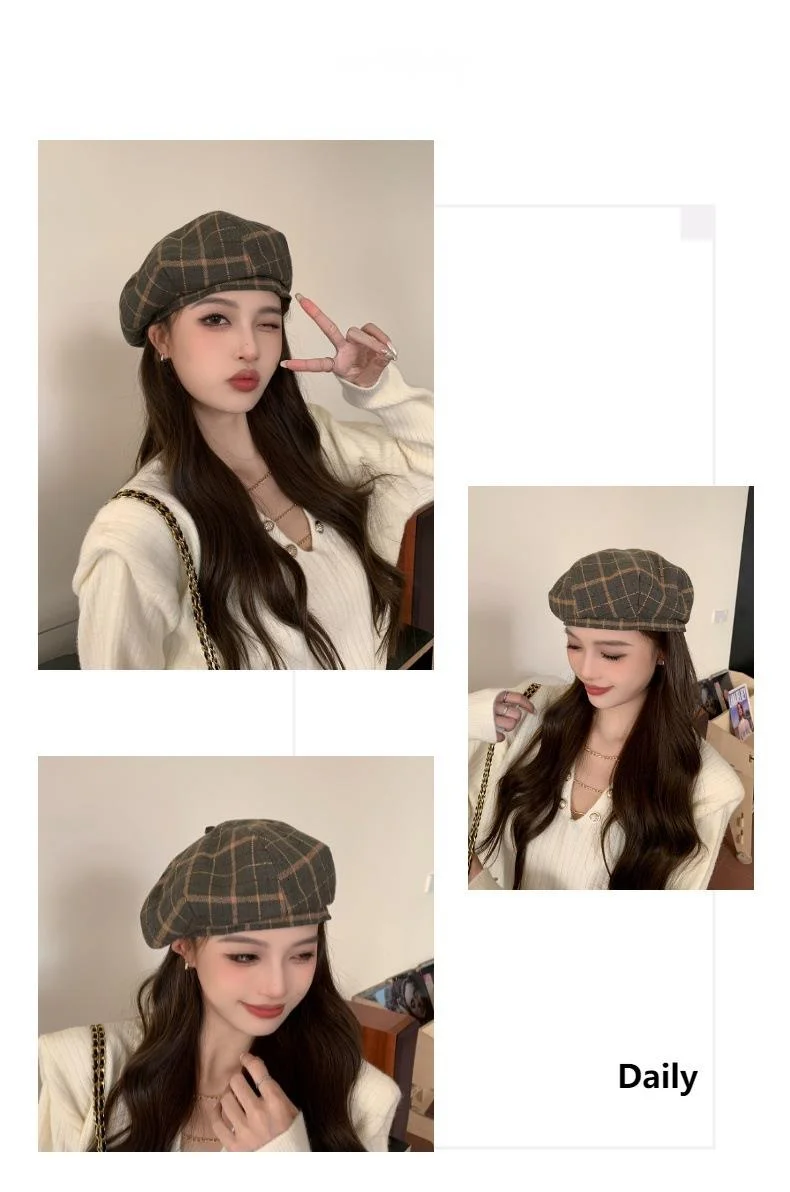 Plaid Beret Hat For Women British Retro Style Woolen Painter Cap_voghion.com