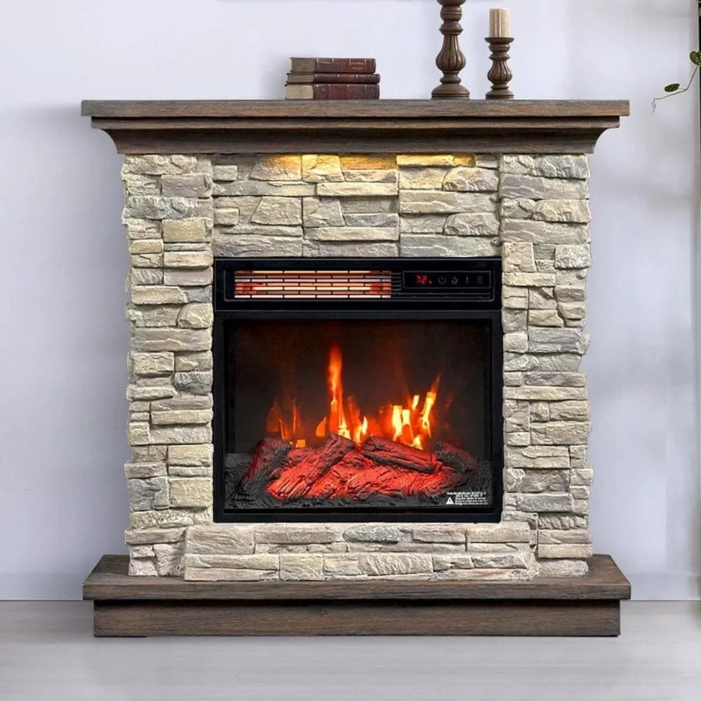 Wall Mantel Electric Fireplace with Remote Control, Smoky Gray Stone 5