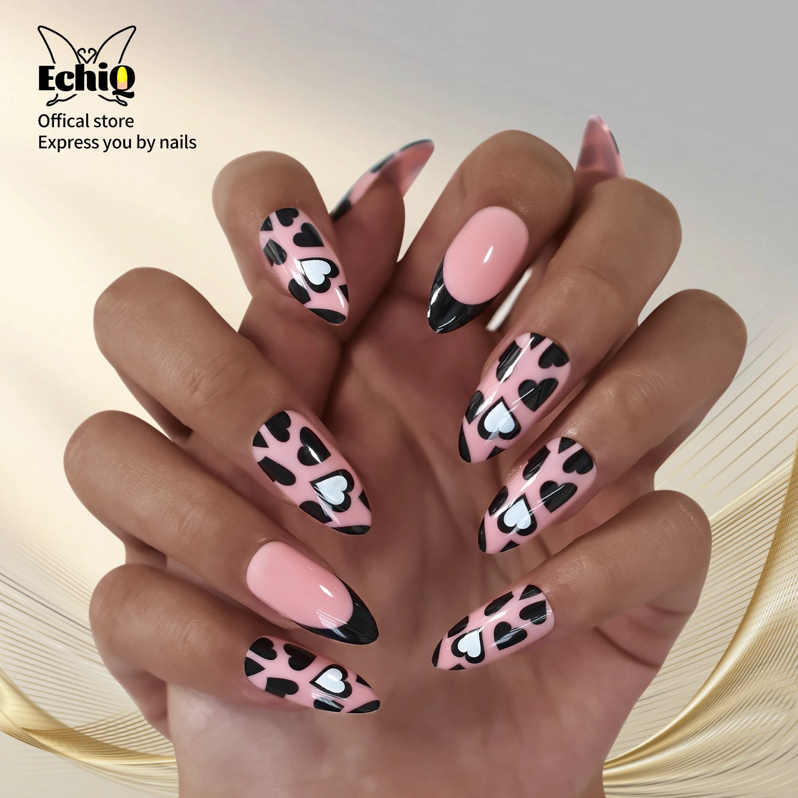 Medium Heart Black And White Almond France Pink Glossy Nails Full Cover  Fingernails Art Fake Nails Press On Nails Manicure| | - AliExpress