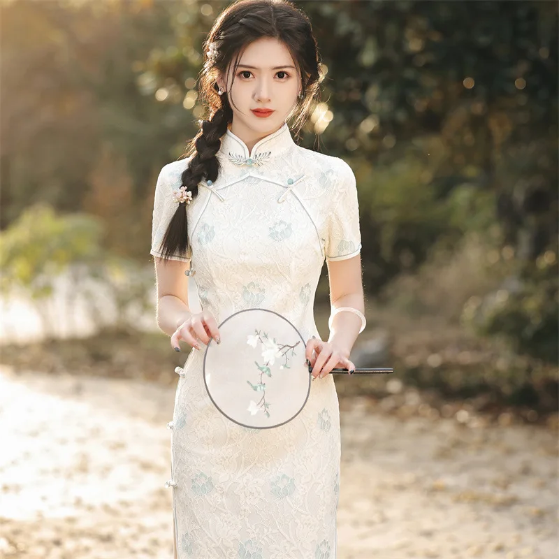 

Chinese Summer Retro Composite Lace Embroidery Cheongsam Classic Elegant Short Sleeve Women's Qipao Daily Dress