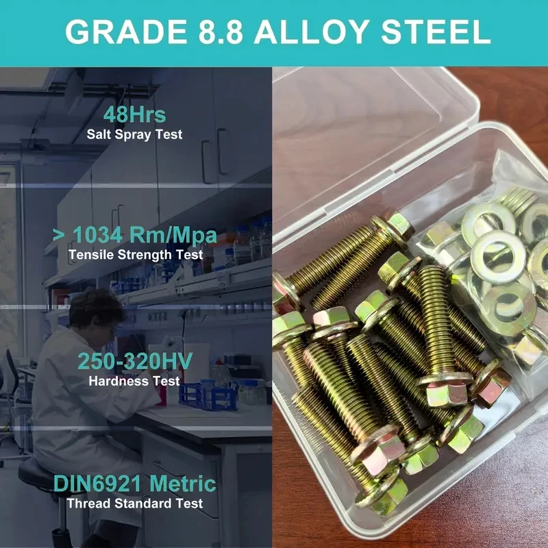 M10 Flange bolt and nut Kit, Grade 8.8 carbon steel with hexagonal cap, full and half threaded-includes washer.