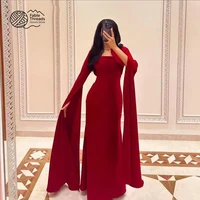 Red Prom Dresses Square Neck Mermaid Celebrity Dress Women's Evening Dresses with Long Sleeves Cape for Gala Customized 1