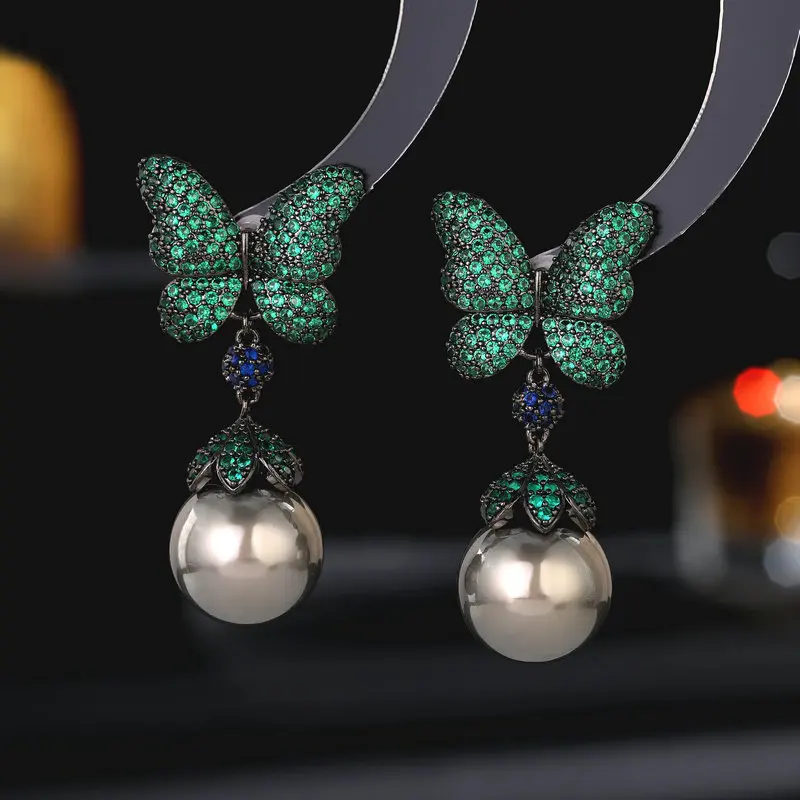 

925 silver needle zircon pearl butterfly dangler French temperament luxury earrings geometric rectangular earrings jewelry