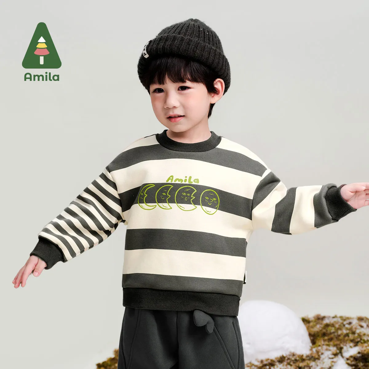 Amila Baby Sweatshirt Winter New High Quality Boys And Girls Striped Plus Velvet Warm Skin-Friendly Loose Children&rsquo;s Tops
