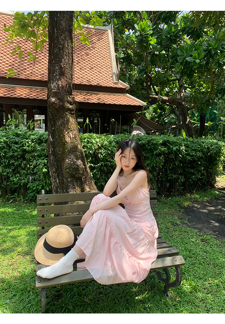 French Elegant Dresses for Women Solid Spaghetti Strap Summer New Ruffles A-line Casual Korean Chic Midi Vestidos Mujer
