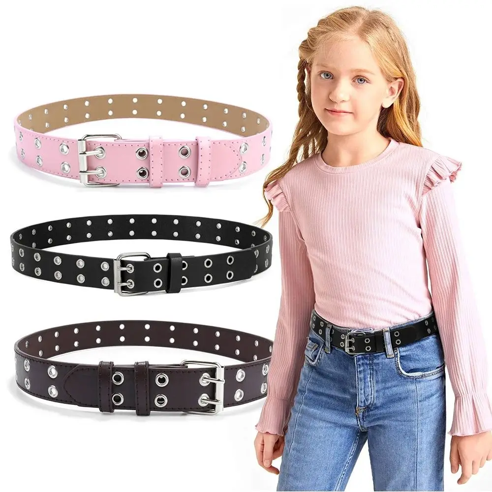 Children Belt Children Punk Children PU Leather Belt Double Holes Metal Pin Buckle Waist Strap Casual Jeans Dress Decoration Belt