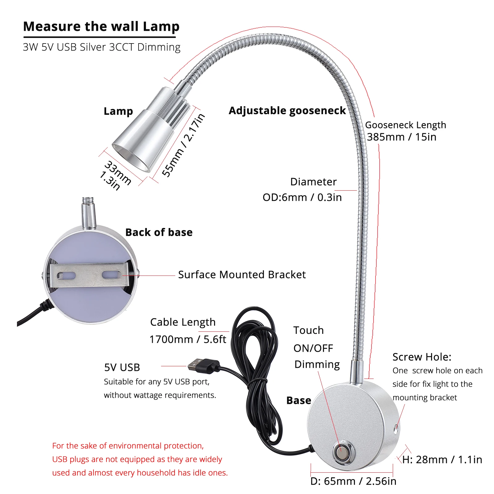 5V USB 3CCT 디밍이 가능한 벽 램프 CRI98 RG0 침대 옆 독서 램프 작업 스포트 라이트 15 Gooessneck 조절 가능