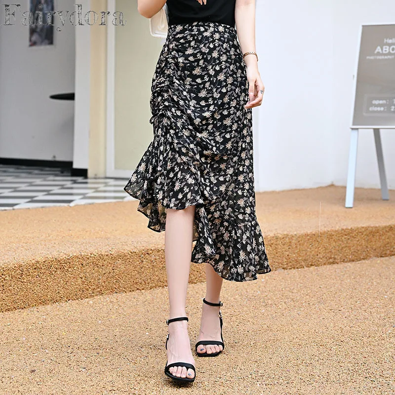 

Women's Printed Long Skirts, Asymmetrical Shirring Skirt, Floral Chiffon Ruffles, High Waist, Elegant Fashion