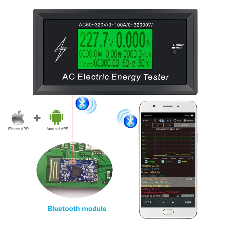 

AC50-320V 100A Bluetooth Digital Voltmeter Ammeter Wattmeter Energy Meter Power Meter Voltage Detector Current Meter Monitor