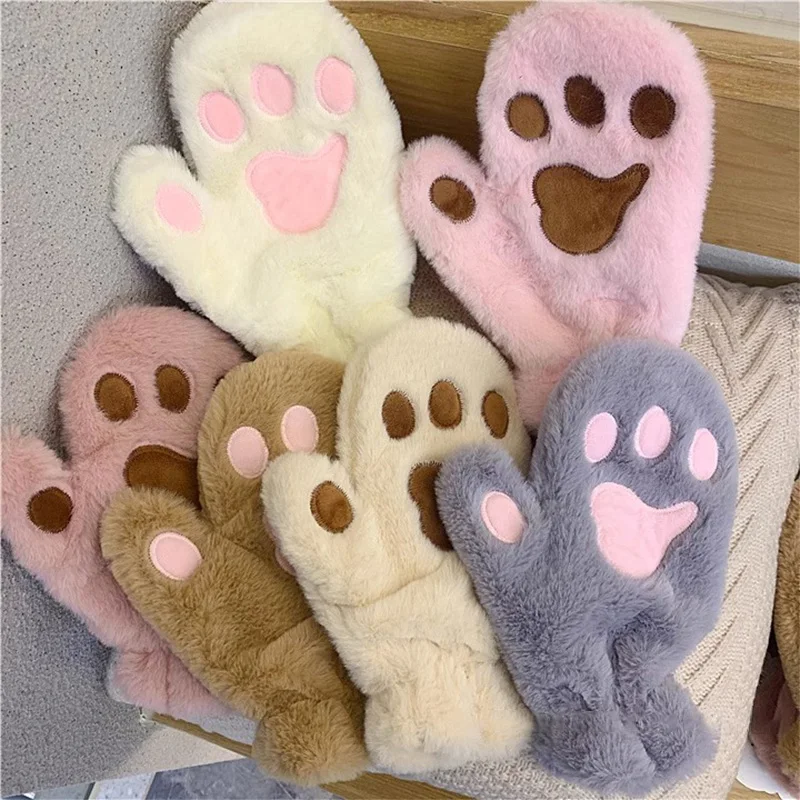 INS Korean Autumn Winter All Finger Super Soft Cute Plush Cat Claw Gloves Lovely Premium Feel Furry Thickened Light Luxury Glove