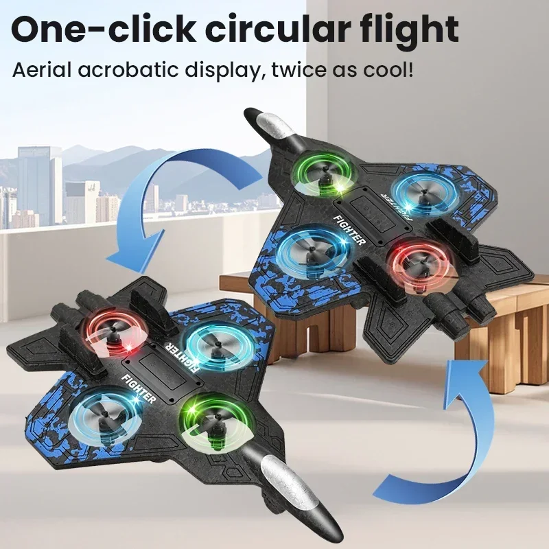 Enfant lançant son avion télécommandé en mousse, prêt pour un vol stunt 360° sous le ciel bleu