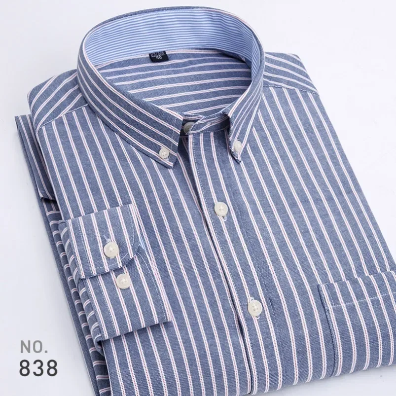 

Mens Striped Plaid Oxford Long Sleeve Shirt Spinning Casual Comfortable Breathable Collar Button Design Slim Male Business Dress