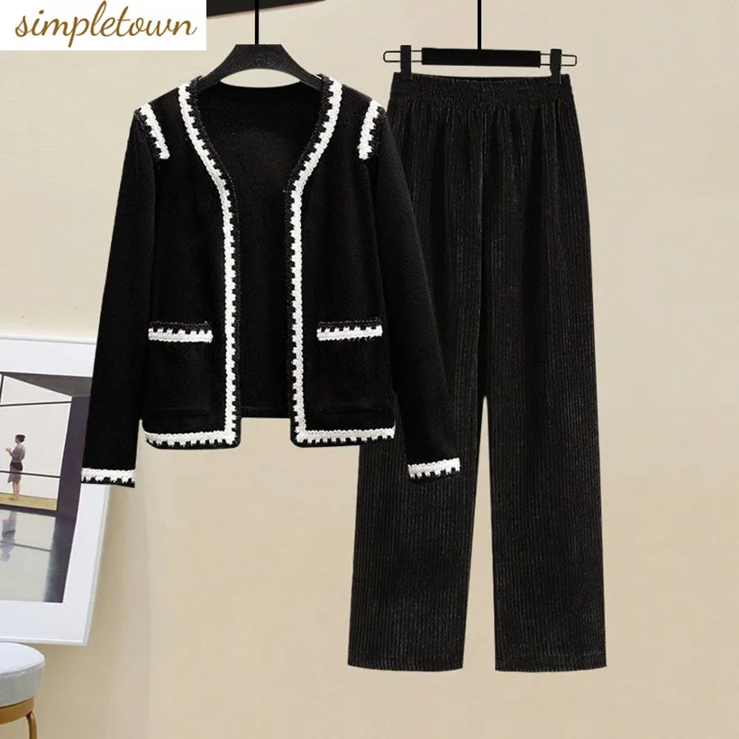 Spring and Autumn Women's Clothing 2024 New Korean Version Slimming Casual Fashion Wide Leg Pants Knitted Sweater Top Two-piece