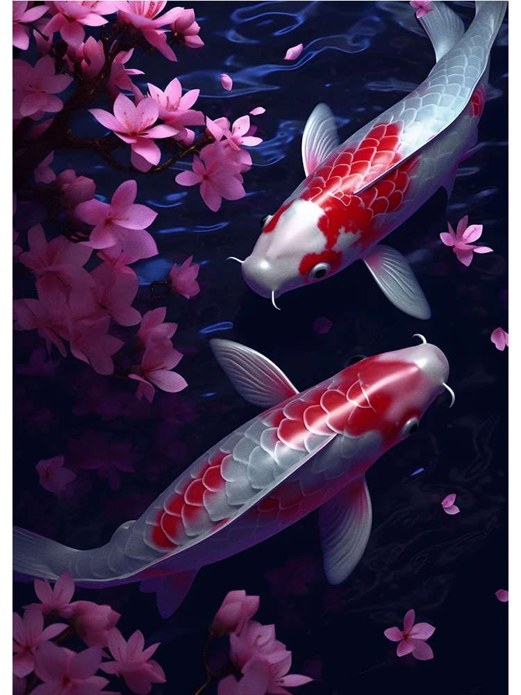 Cherry Blossom Koi Fish Moon Lake Magic Art Poster Painting