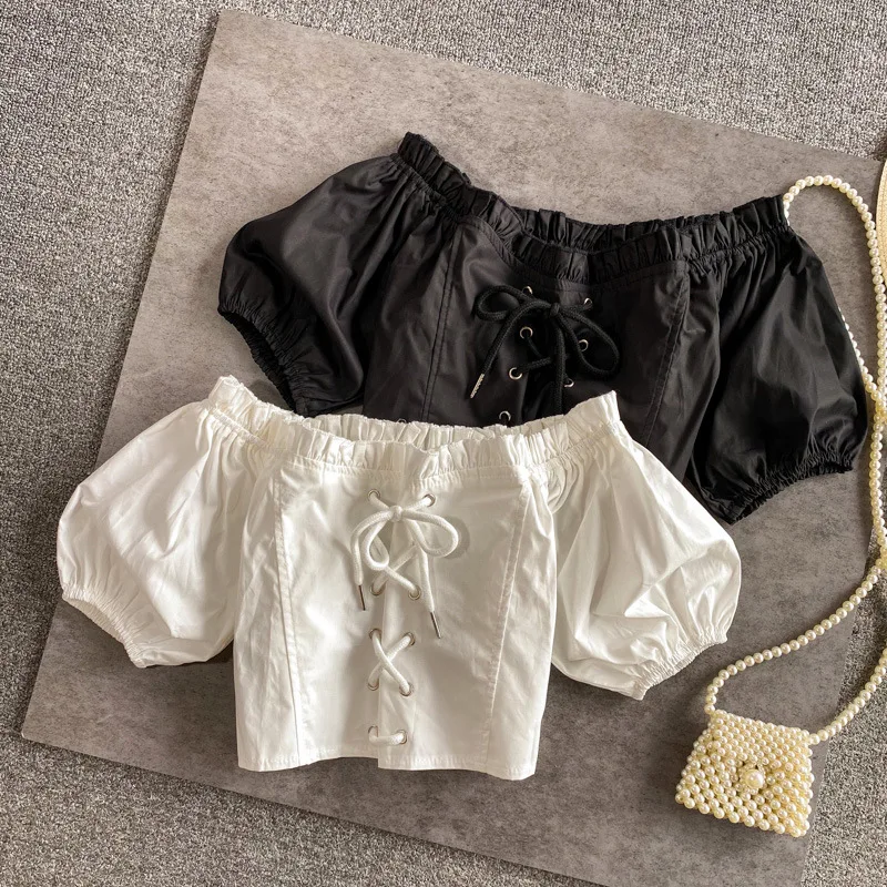 

Summer New Girls Shirt French Square Neck Cropped Navel Kids Tops Black Off Shoulder Clothes for Teenagers Children Blouses 8 Y
