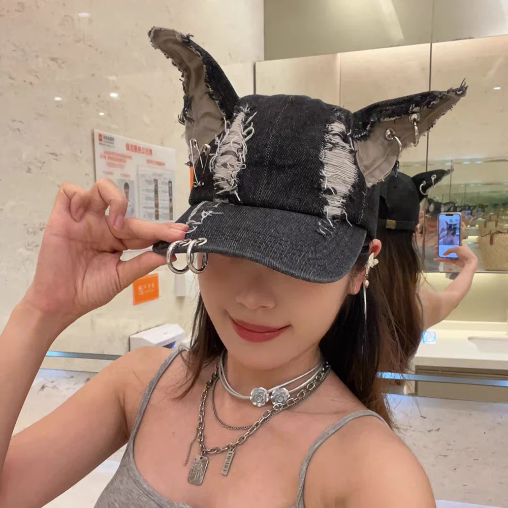 Punk Dobermann Dog Ears Washed Denim Baseball Cap Unisex Hip Hop Personality Retro Street Hat Halloween Accessories