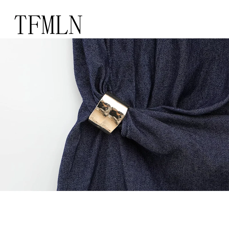 TFMLN New Women Denim Long Dresses Female Fashion Gold Decoration Dress O-Neck Sleeveless Midi Dress Woman
