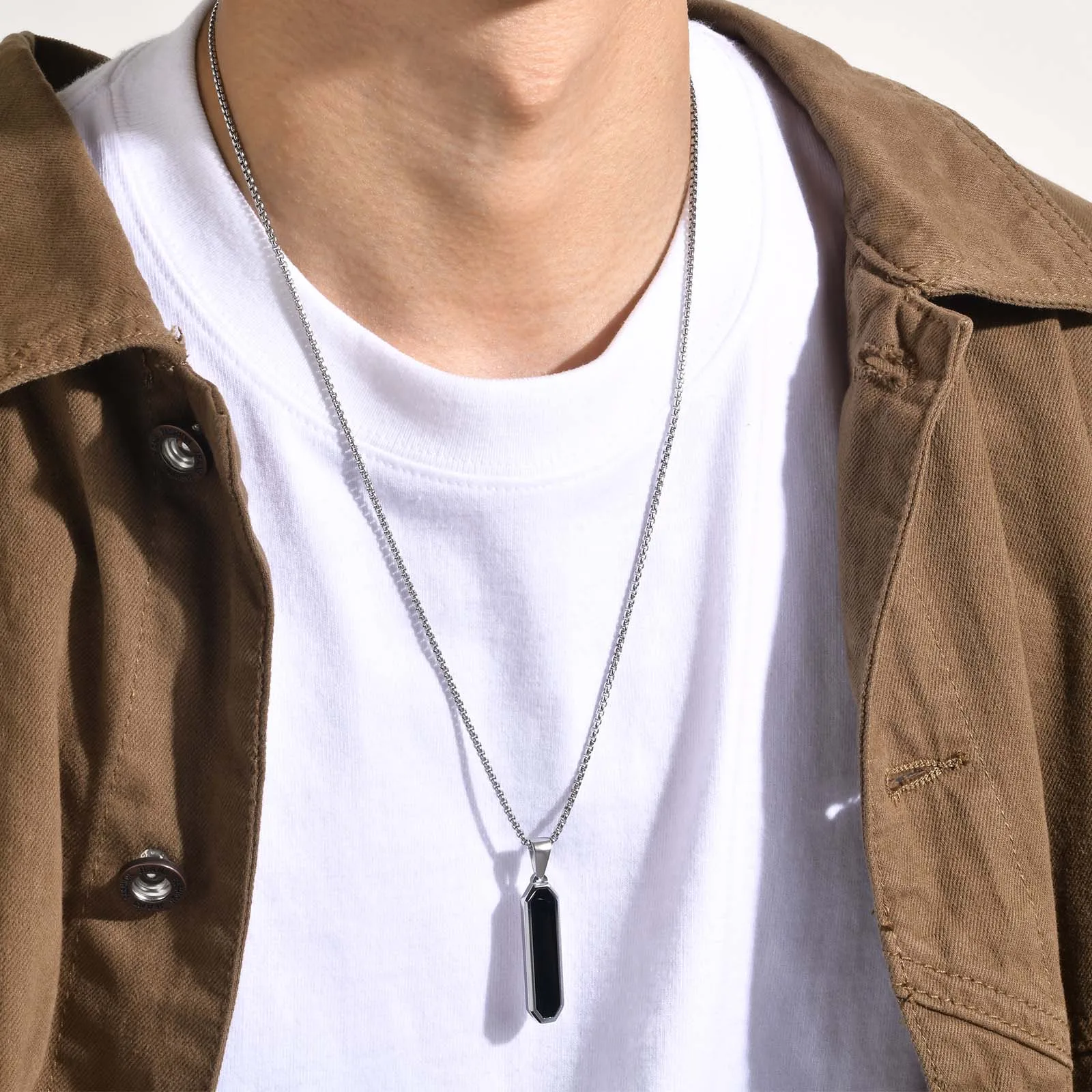 Collier Barre Homme GUSXPPD - 2PCS Acier Inoxydable Argent/Noir - Pendentif Cubique Minimaliste - Chaîne Serpent 60cm