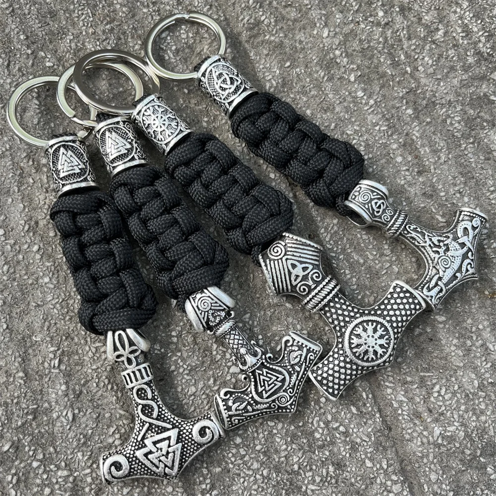 1Pcs Thor Hammer Mjolnir Valknut Trinity Compass Amulet Jewelry Viking Runes Beads Handmade Paracord Keychain For Men Women