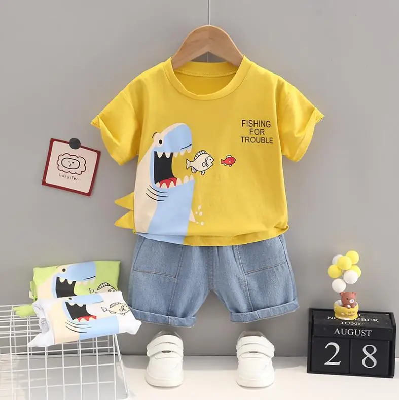 2 шт./компл. хлопковая Футболка с мультяшными акулами и шорты |