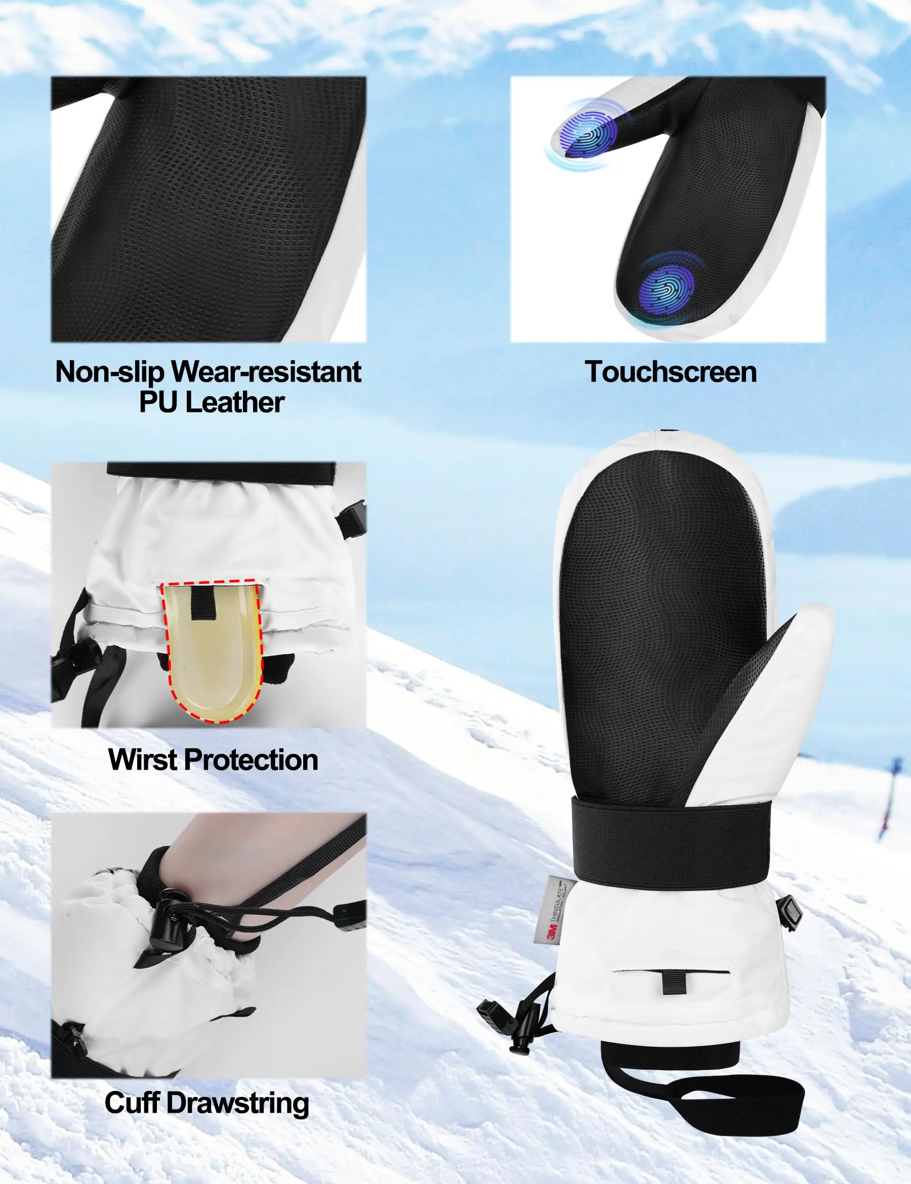 KUTOOK Ski Gloves Mittens Winter Thermal Snow Gloves for Men Women 3M C100 Insulation Waterproof Outdoor Skiing Snowboard Gloves 4