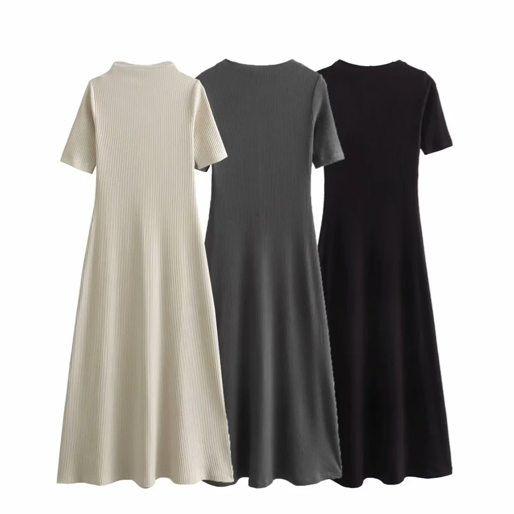 

Autumn new women's A-line mid-length sweet and fashionable slim round neck short-sleeved ribbed mid-length dress 4424441