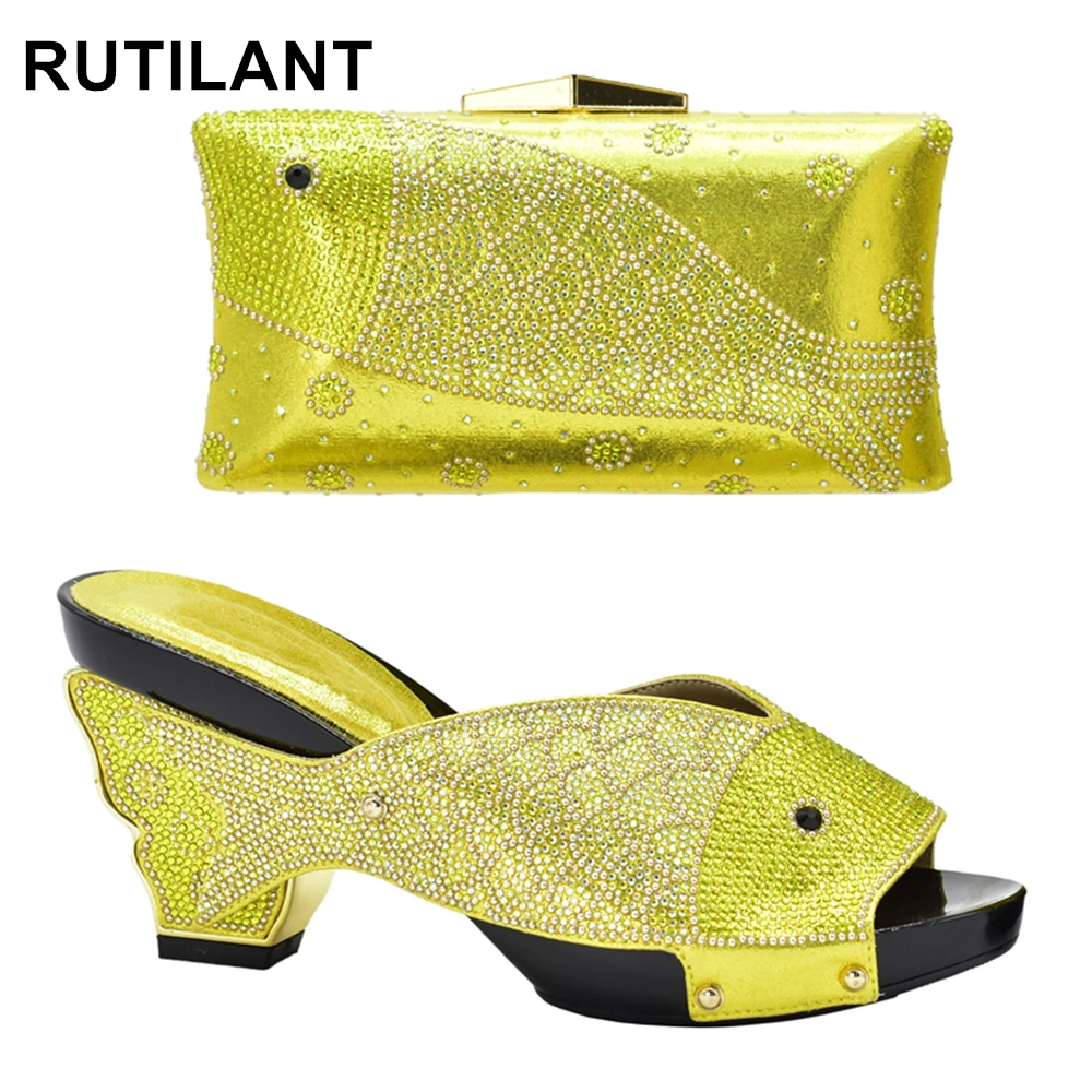 

New Arrival Yellow Color Italian Ladies Shoes and Bags To Match Set Decorated with Rhinestone Nigerian Women Party Shoes and Bag